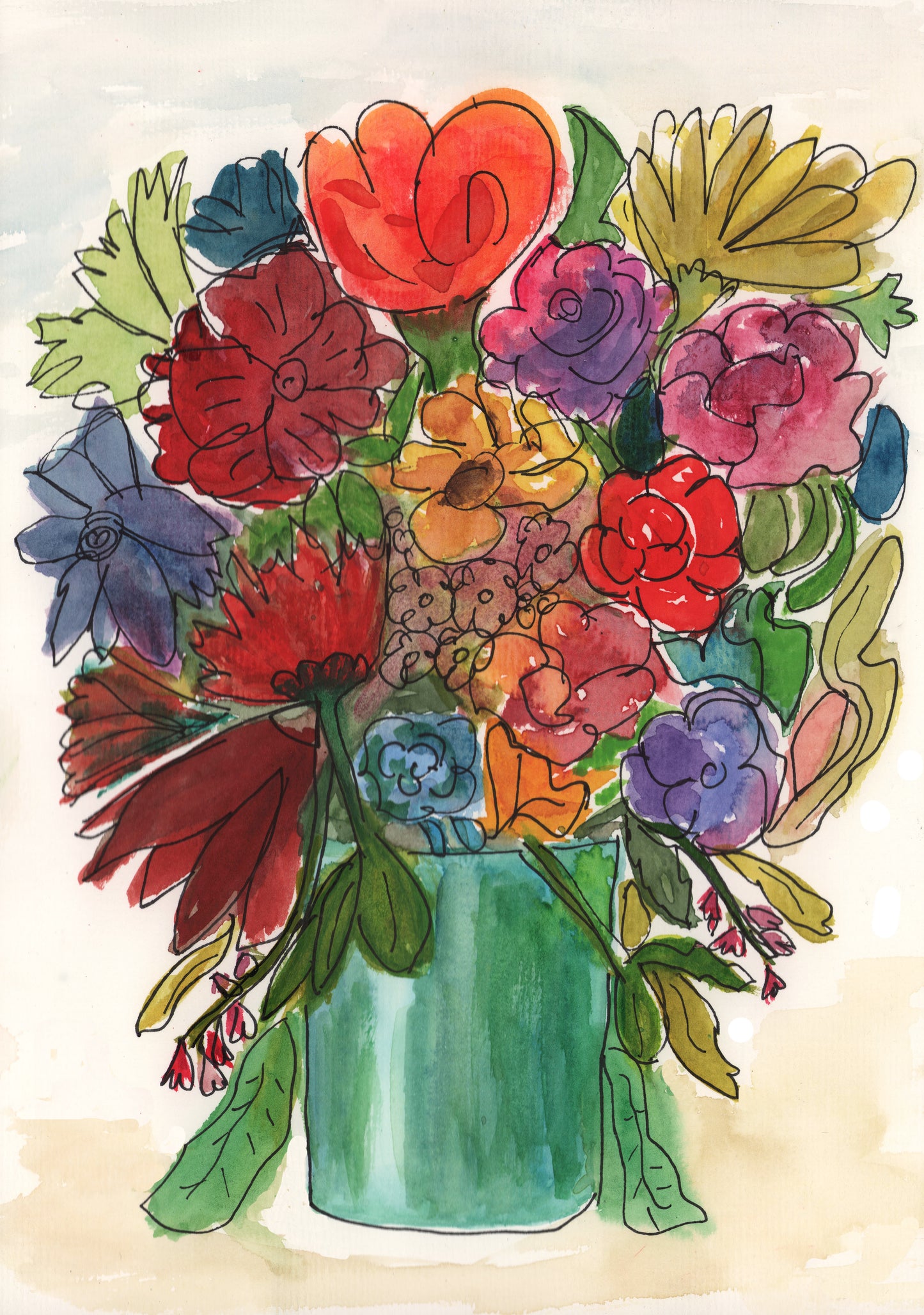 Bouquet in a Green Glass Vase